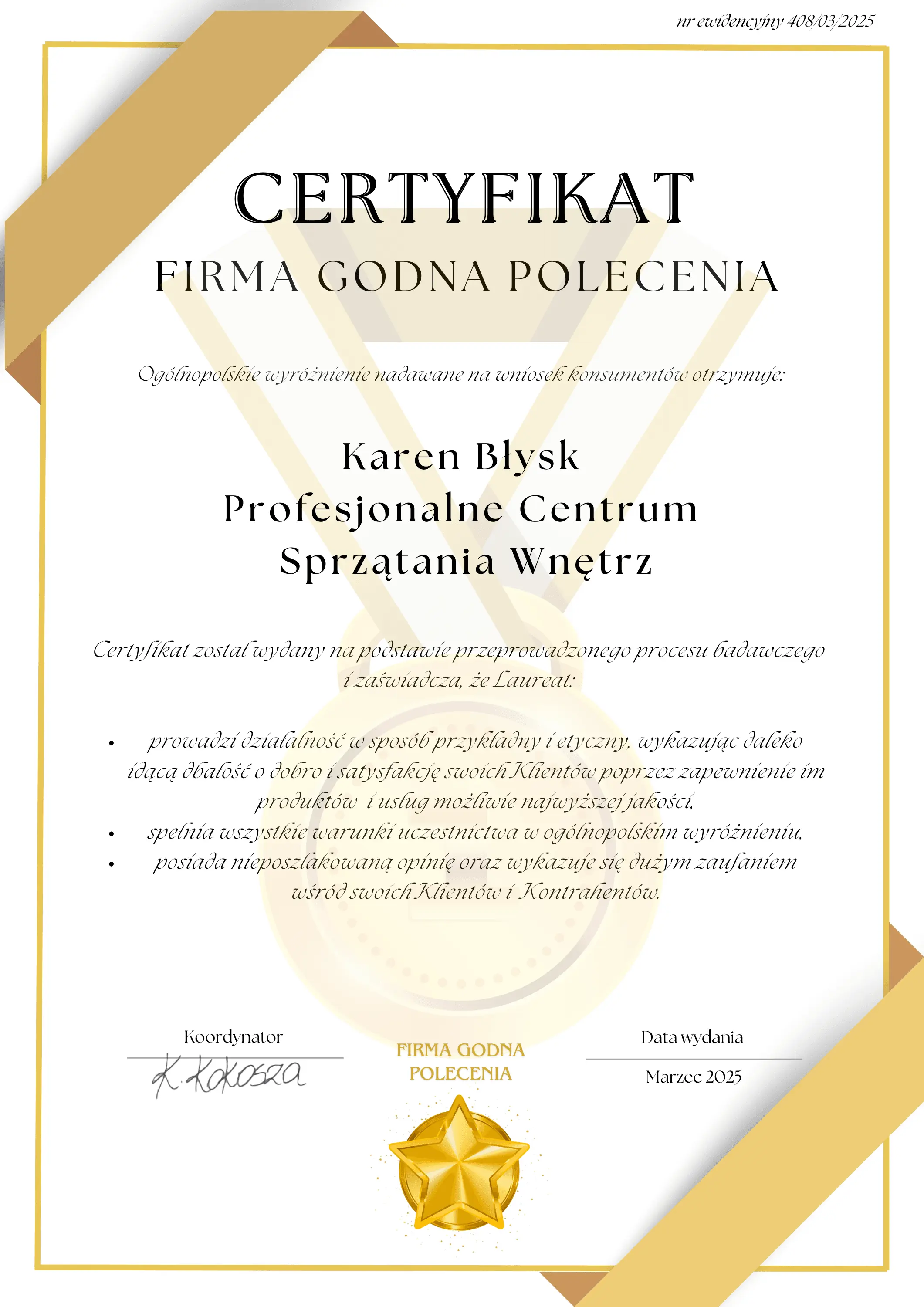 Certyfikat jakości od programu Firma Godna Polecenia dla firmy sprzątającej Karen Błysk
