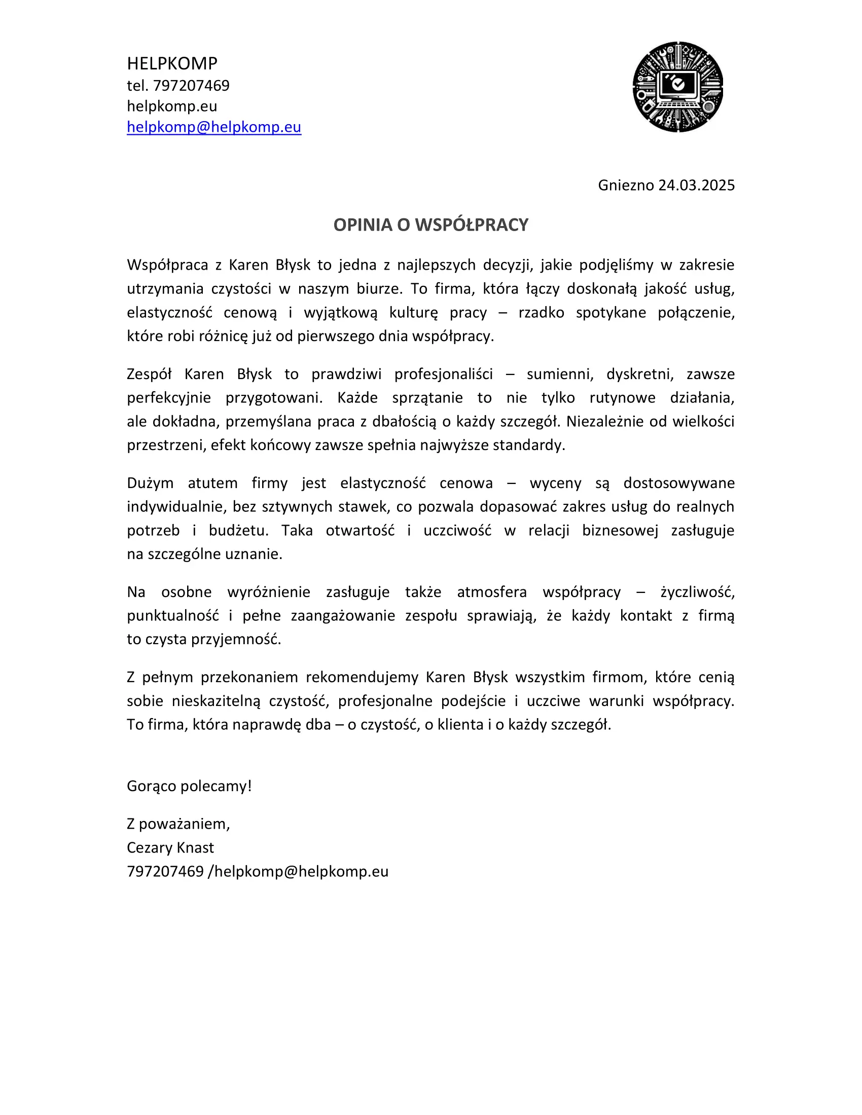 Rekomendacja od firmy Helpkomp dla profesjonalnej firmy sprzątającej Karen Błysk